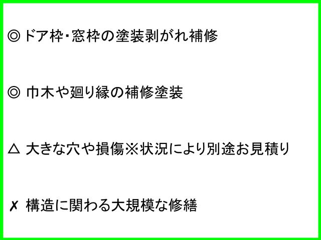 ◎ ドア枠・窓枠の塗装剥がれ補修  ◎ 巾木や廻り縁の補修塗装  △ 大きな穴や損傷※状況により別途お見積り  ✗ 構造に関わる大規模な修繕