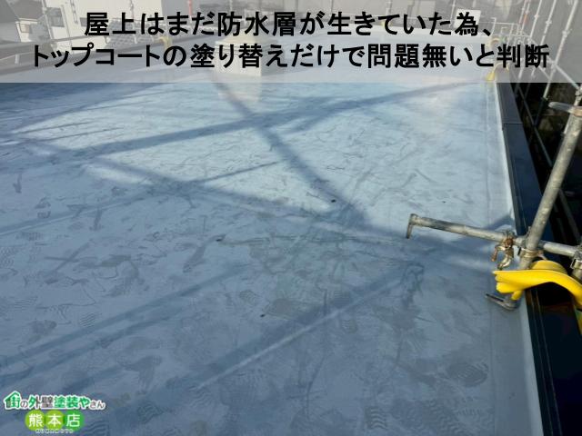 屋上はまだ防水層が生きていた為、 トップコートの塗り替えだけで問題無いと判断