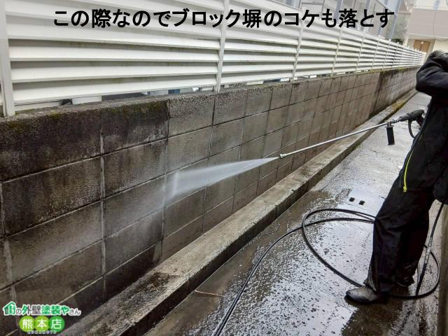 この際なのでブロック塀のコケも落とす