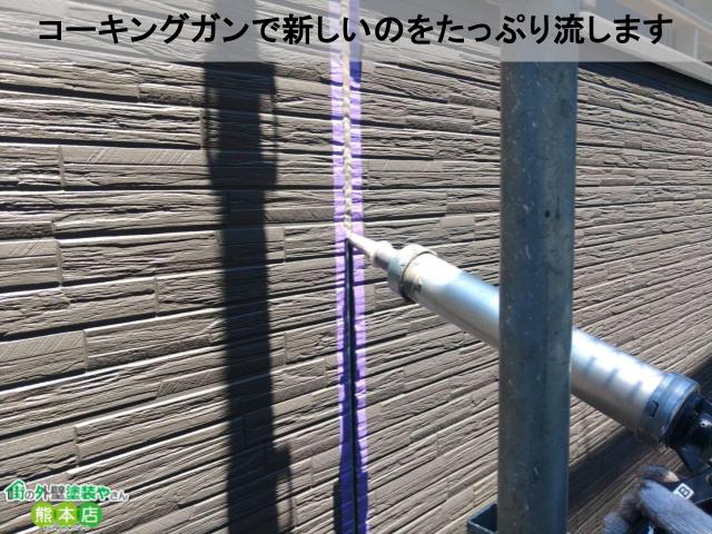 コーキングガンで新しいのをたっぷり流します