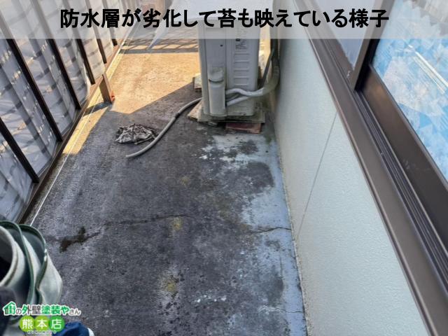 熊本市北区ベランダコケ、防水層劣化