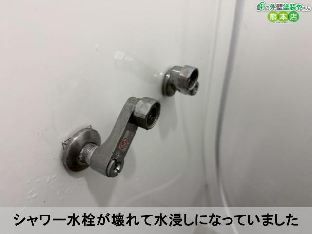 シャワー水栓が壊れて水浸しになっていました