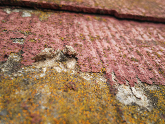 小平市鈴木町にて屋根塗装工事の点検、築34年になるスレート屋根は塗膜が劣化し全体的に苔が繁殖していました。